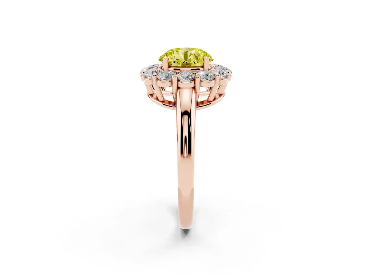 Fancy Yellow Round Cut Halo Cluster Diamond Engagement Ring with Prong Setting and Polished Band Rose gold