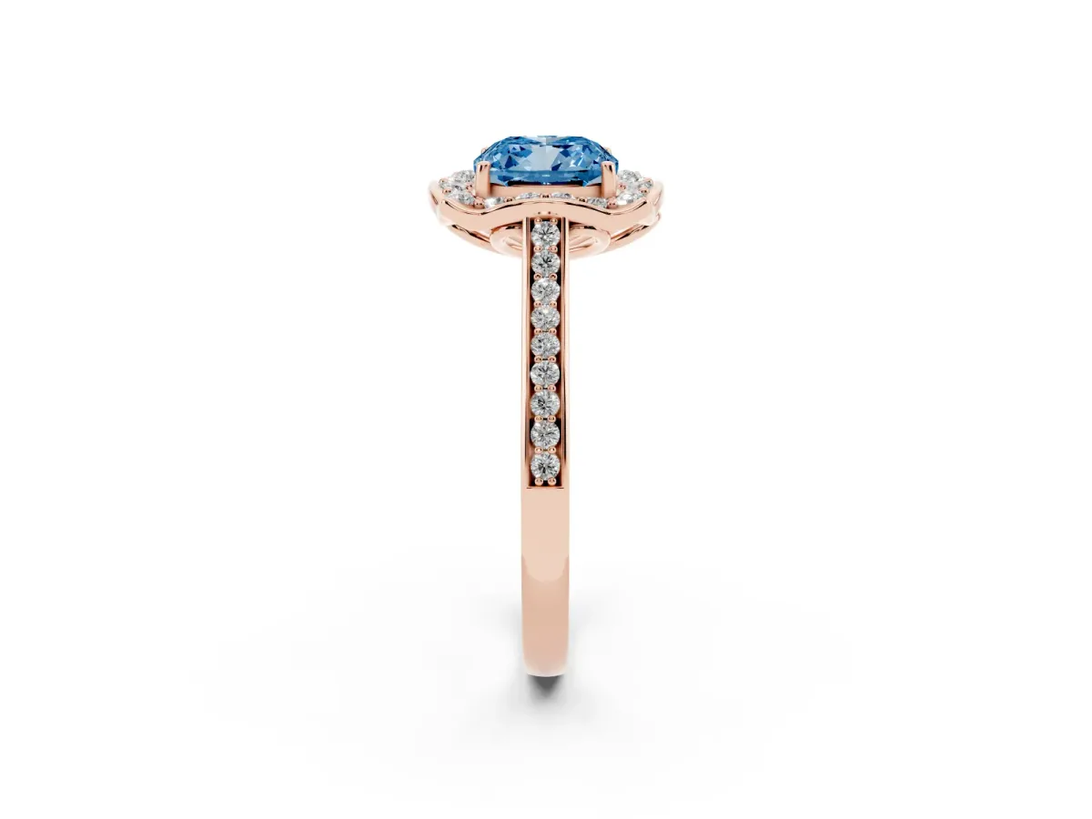 Fancy Blue Cushion Cut Halo Round Diamond Pave Band with Four-Prong Setting Rose gold