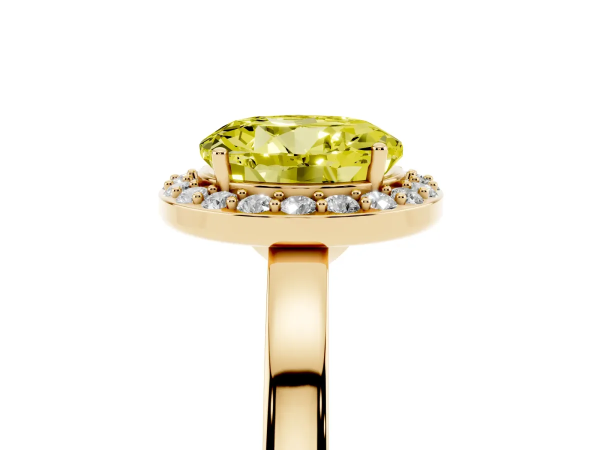 Fancy Yellow Round Cut Halo Diamond Ring with Solitaire Band and Prong Setting Yellow gold