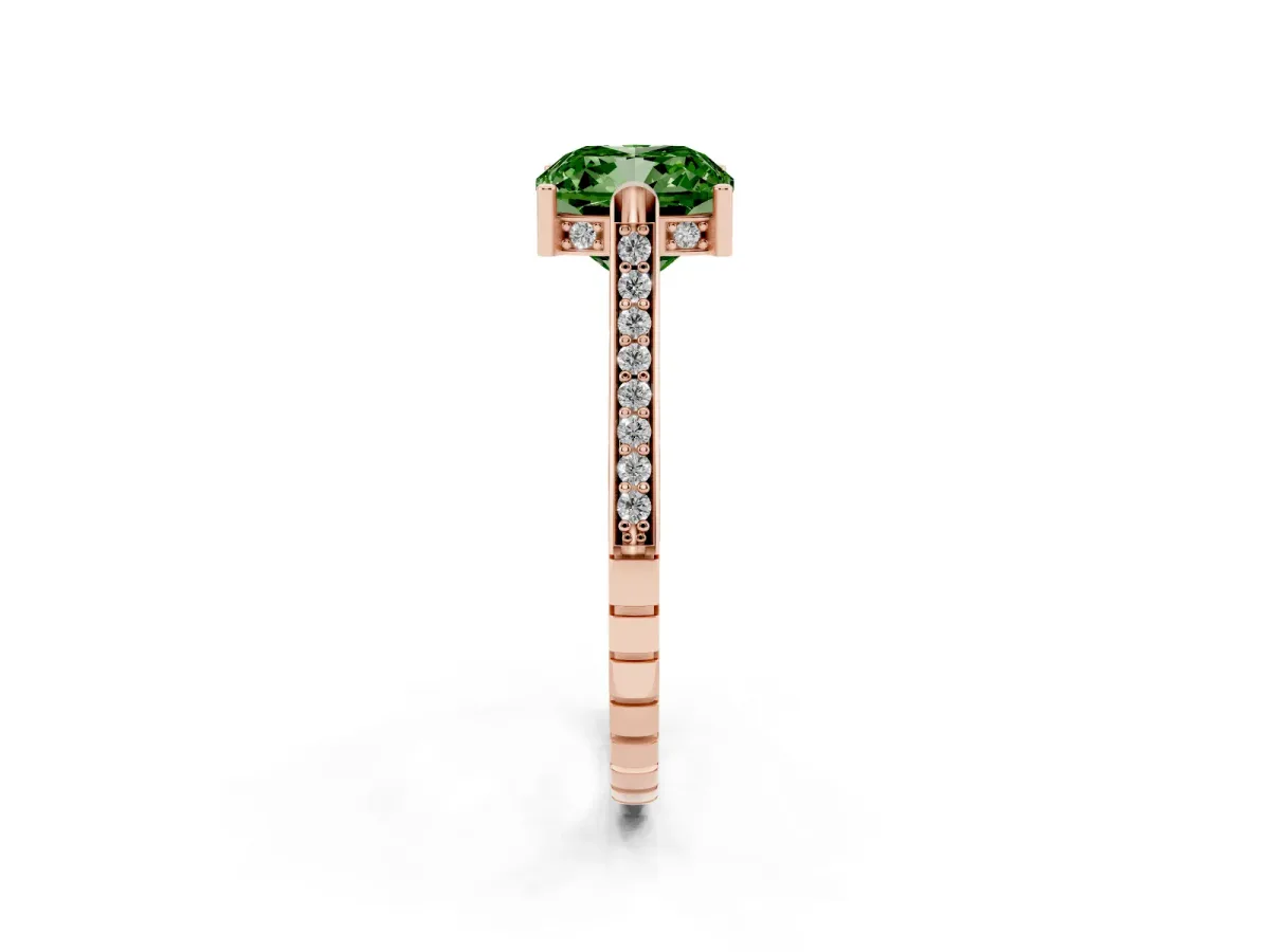 Fancy Green Cushion Cut Solitaire Diamond Ring with Channel Set Band and Bezel Prong Setting Rose gold