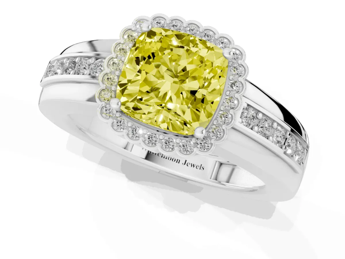Fancy Yellow Cushion Cut Cut Halo Pave Band Four-Prong Ring White gold
