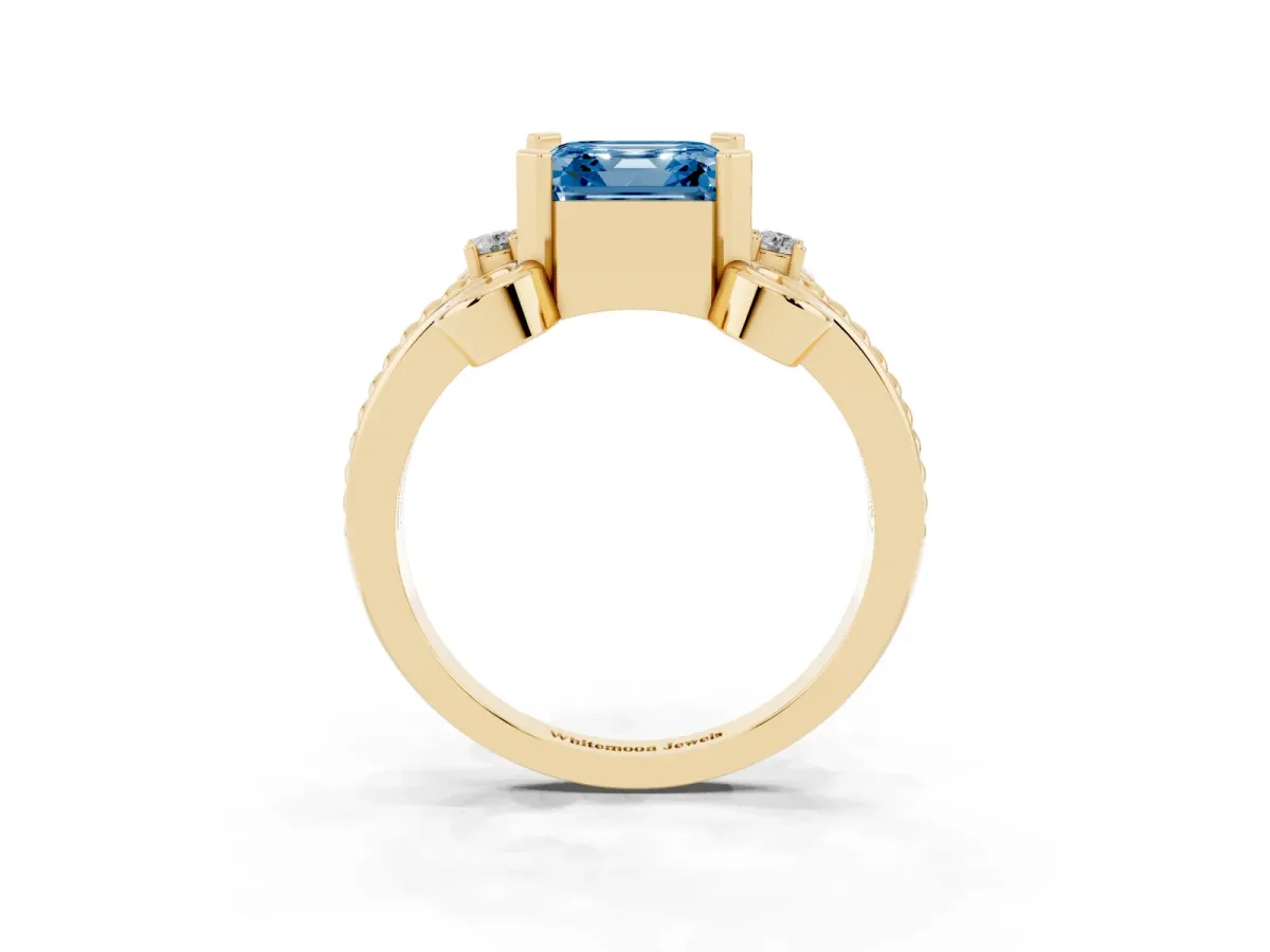 Fancy Blue Asscher Cut Solitaire Twisted Band Scroll Prong Ring Yellow gold