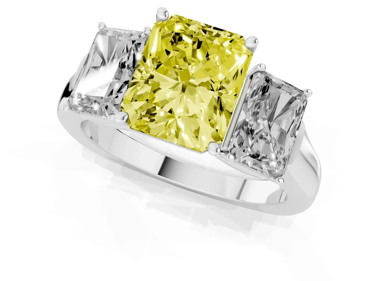 Fancy Yellow Three-Stone Radiant Cut Brilliant Diamond Trellis Ring with Comfort Fit Band Platinum