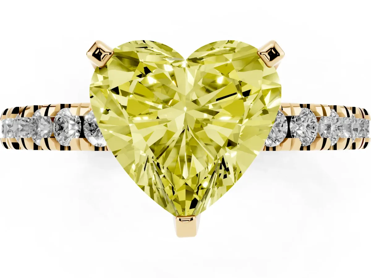 Fancy Yellow Heart Cut Solitaire Diamond with Pavé Band and Four-Prong Setting Yellow gold