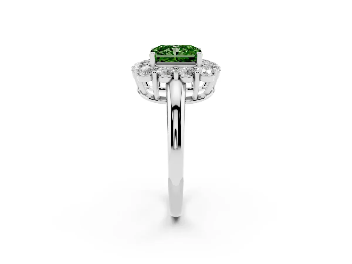 Fancy Green Radiant Cut Halo Cluster Diamond Engagement Ring with Prong Setting and Polished Band Platinum