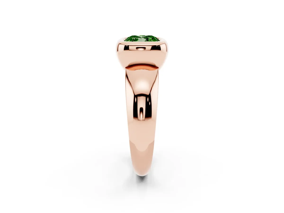Fancy Green Bezel Set Cushion Cut Solitaire Ring with Wide Band Rose gold