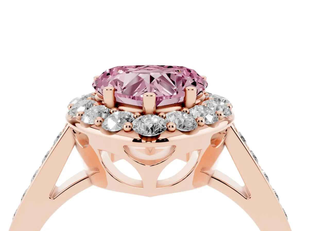 Fancy Pink Heart Cut Diamond Floral Halo Ring with Pavé Band and Prong Setting Rose gold