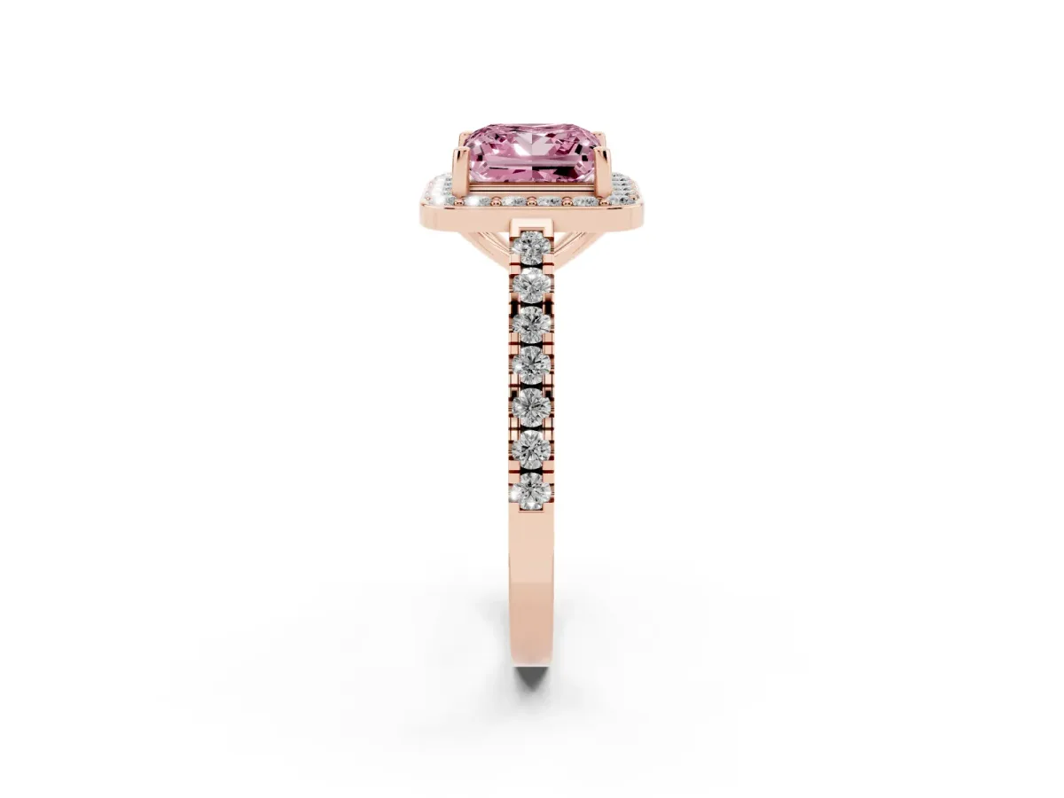 Fancy Pink Princess Cut Diamond Halo Ring with Round Pavé Split Shank and Prong Setting Rose gold