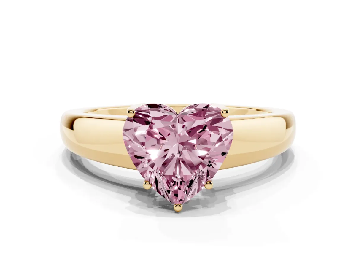 Fancy Pink Heart Cut Solitaire Diamond Ring with Tapered Band and Four-Prong Setting Yellow gold