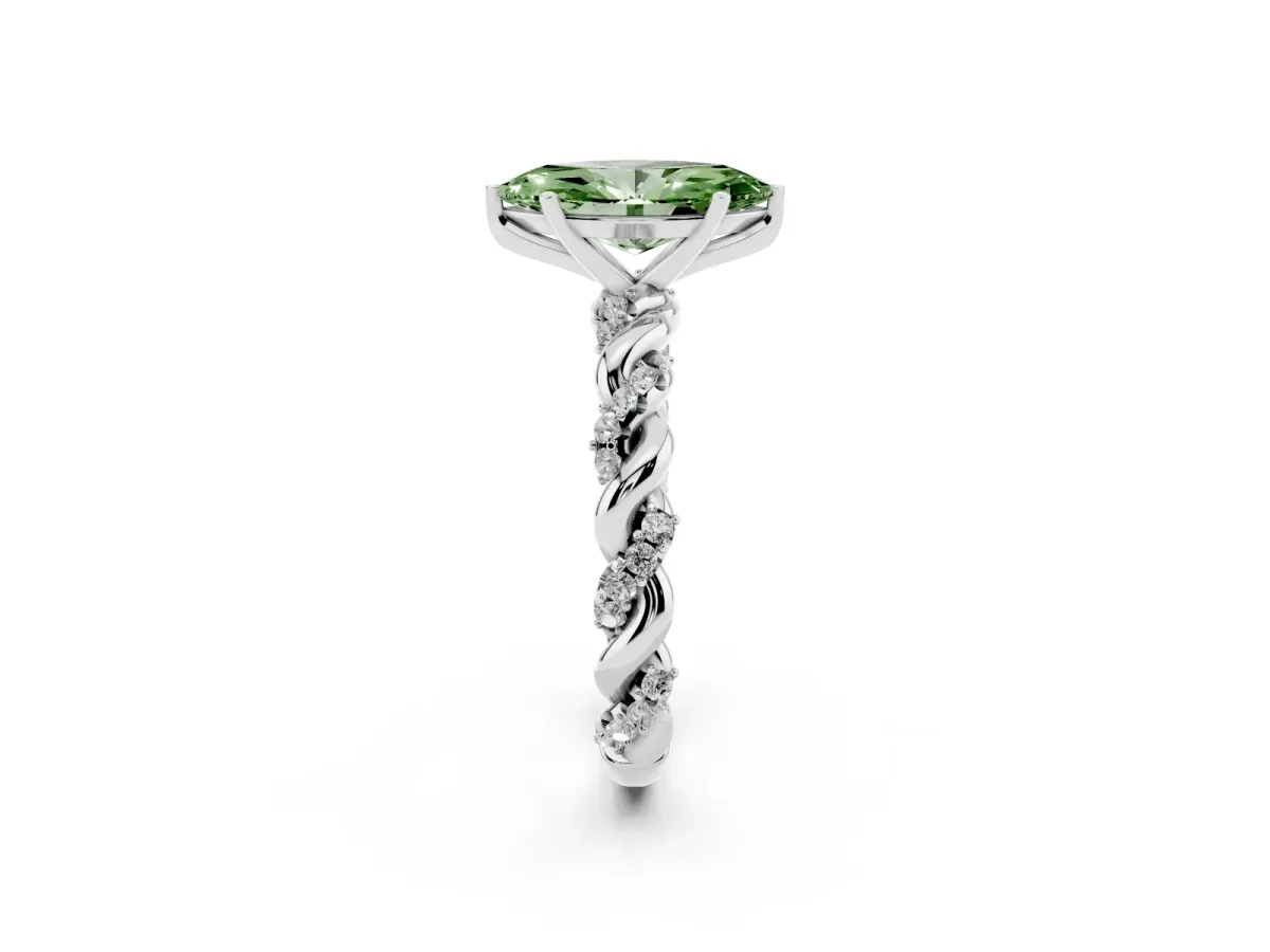 Fancy Green Marquise Cut Diamond Solitaire Ring with Twisted Band and Pavé Accents Silver