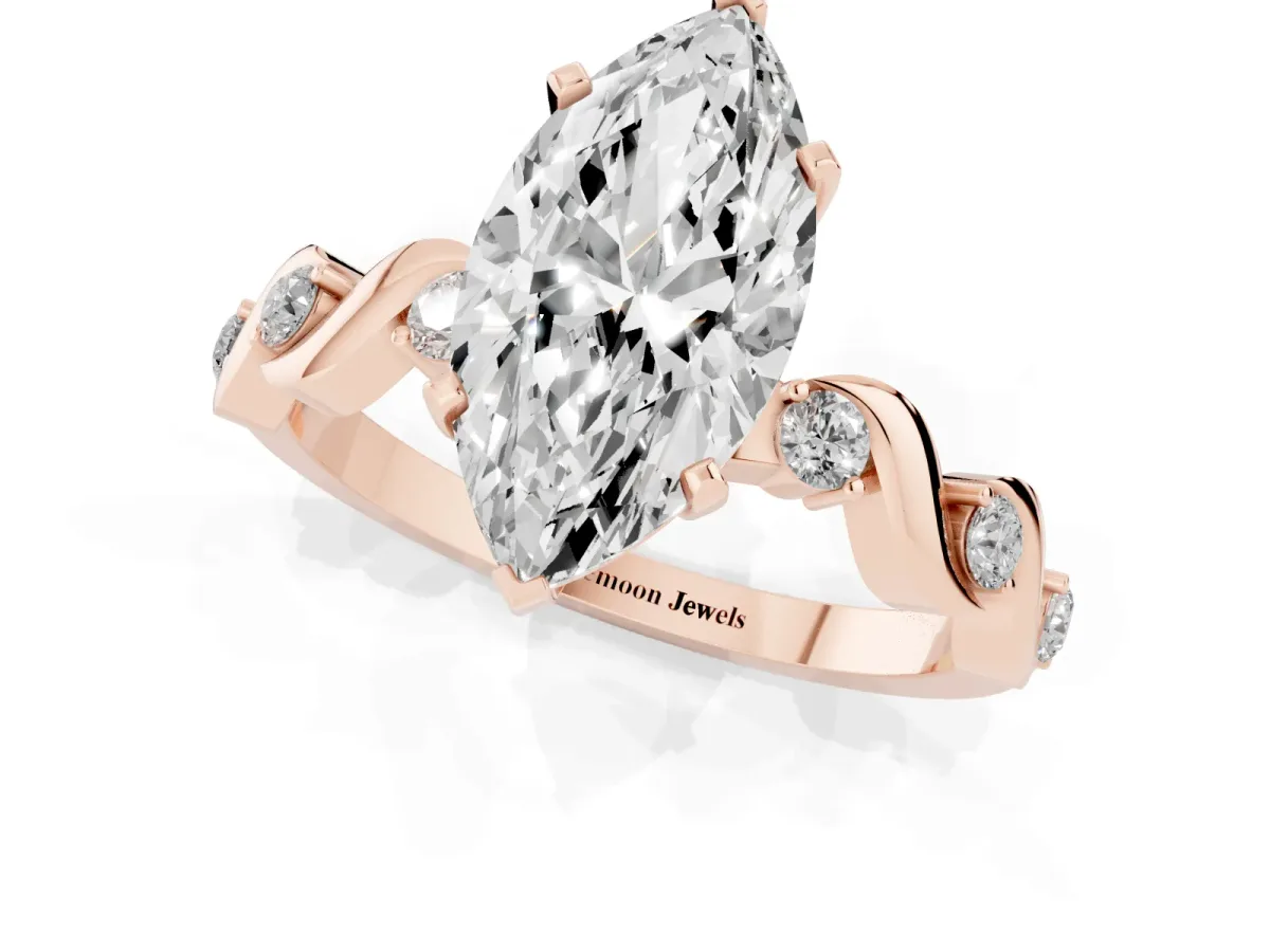 Marquise Cut Diamond Solitaire Twisted Band with Round Accents and Prong Setting Rose gold
