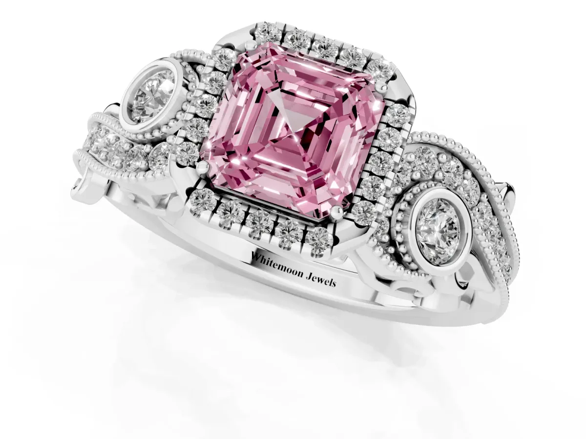 Fancy Pink Asscher Cut Diamond Halo Ring with Milgrain Pavé Band and Four-Prong Setting Platinum