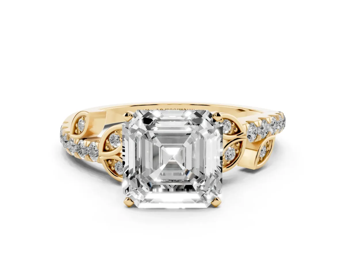 Asscher Cut Solitaire Leaf-Inspired Diamond Ring with Pavé Band and Four-Prong Setting Yellow gold