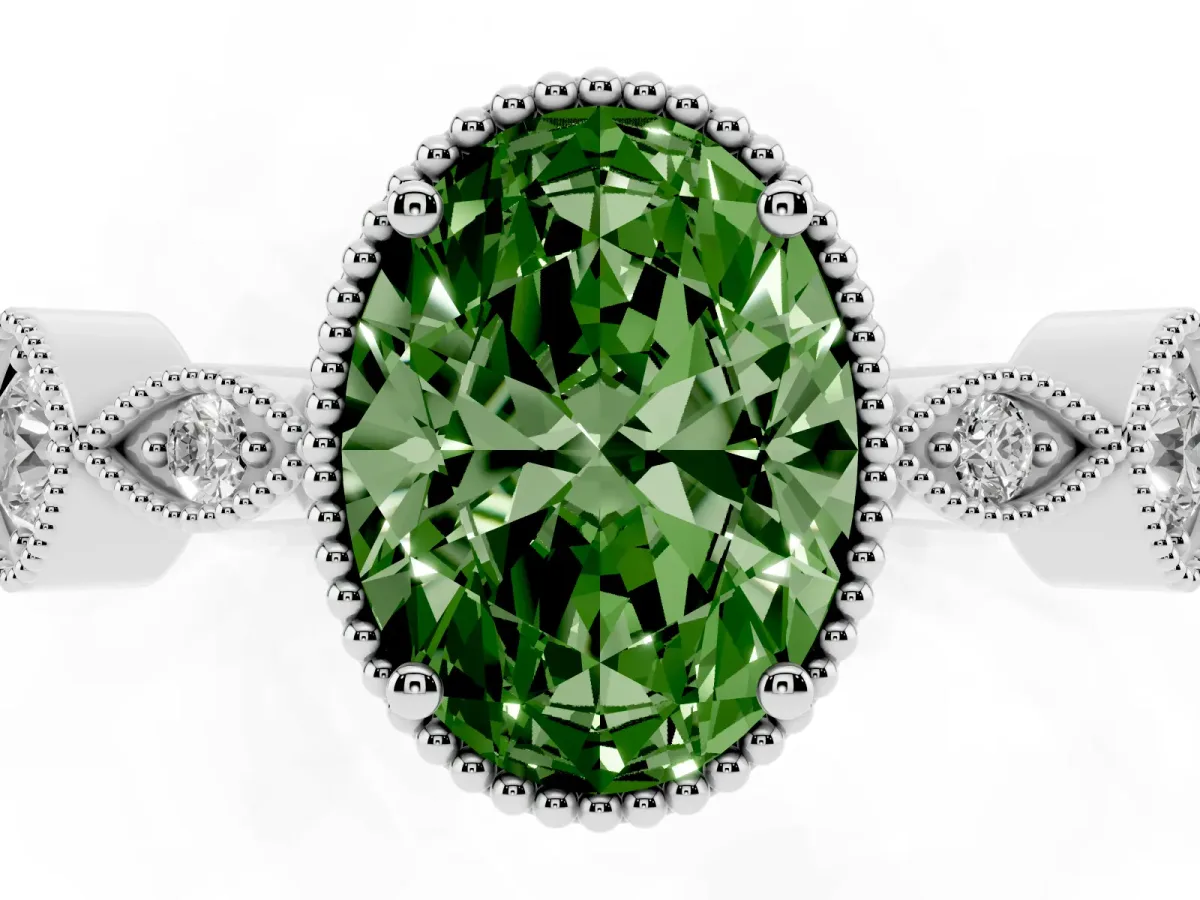 Fancy Green Oval Cut Diamond Vintage Milgrain Ring with Round Stations Platinum