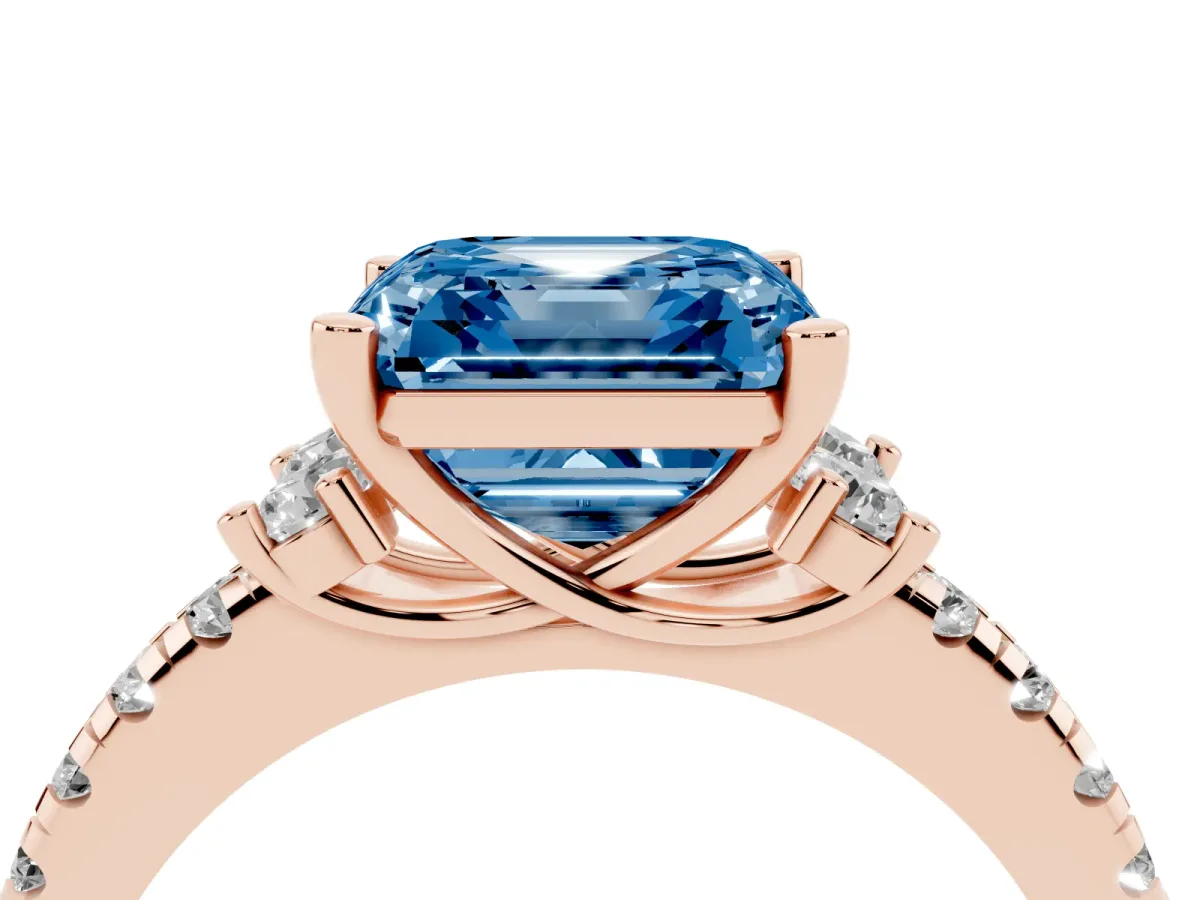 Fancy Blue Asscher Cut Diamond Three-Stone Pave Band with Four-Prong Setting Rose gold