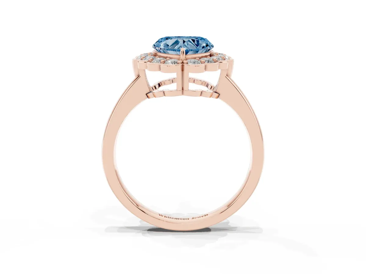 Fancy Blue Heart Cut Halo Cluster Diamond Engagement Ring with Solitaire Band and Prong Setting Rose gold