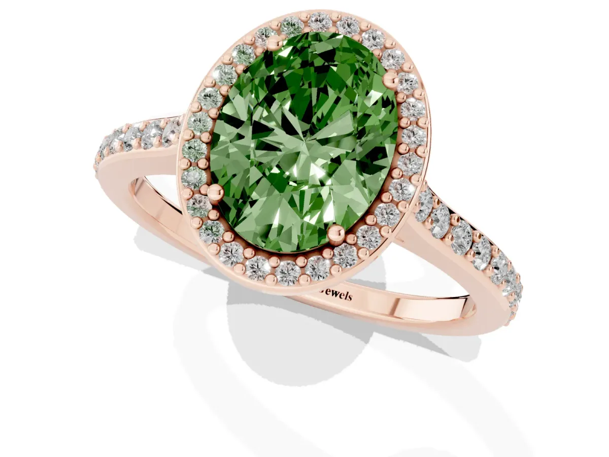 Fancy Green Oval Cut Diamond Halo Engagement Ring with Round Pavé Shoulders and Prong Setting Rose gold