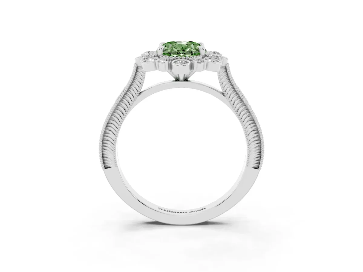 Fancy Green Oval Cut Halo Milgrain Pave Diamond Ring with Four-Prong Setting Silver
