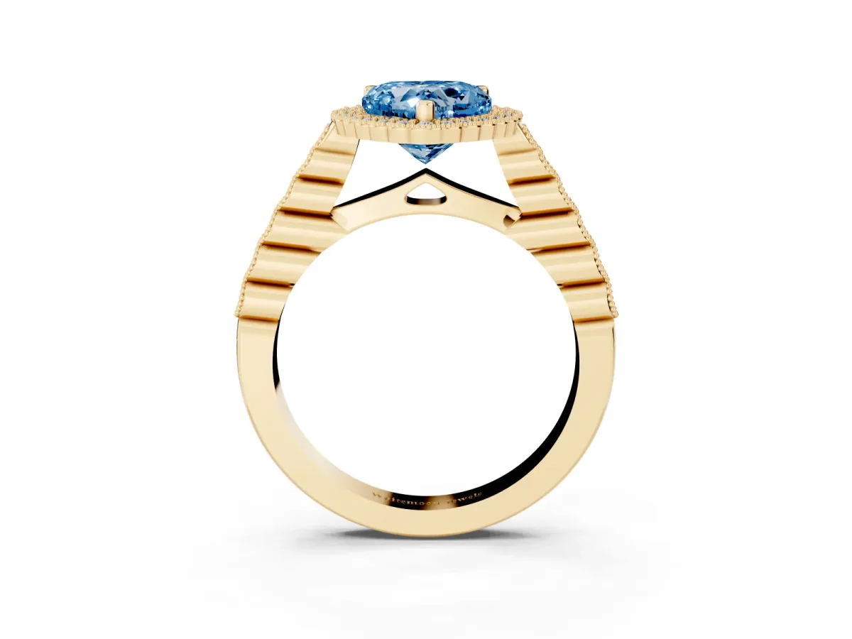 Fancy Blue Heart Cut Cut Halo Pavé Solitaire Ring with Milgrain Band Yellow gold