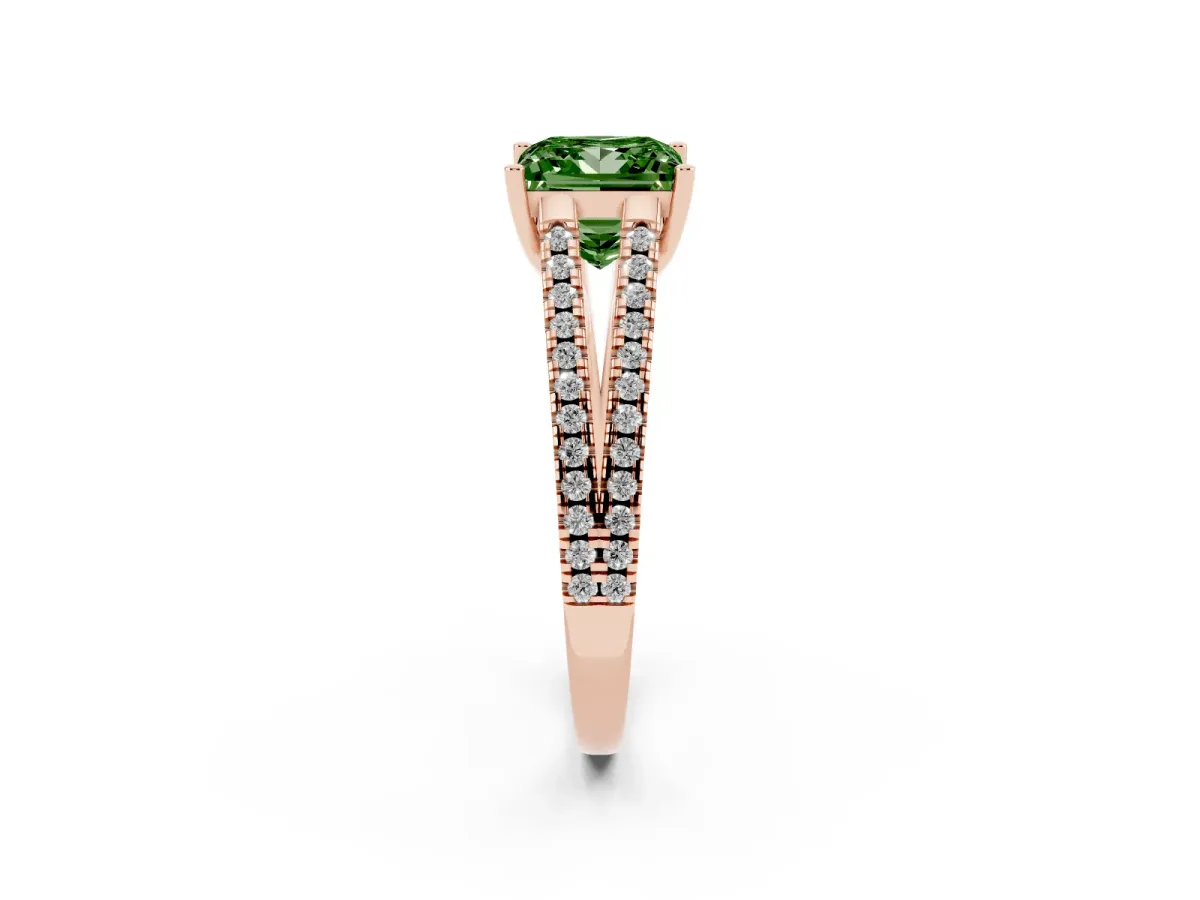 Fancy Green Princess Cut Diamond Solitaire Engagement Ring with Split Shank Pavé Band Rose gold