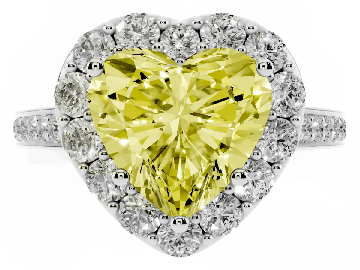 Fancy Yellow Heart Cut Diamond Floral Halo Ring with Pavé Band and Prong Setting Platinum
