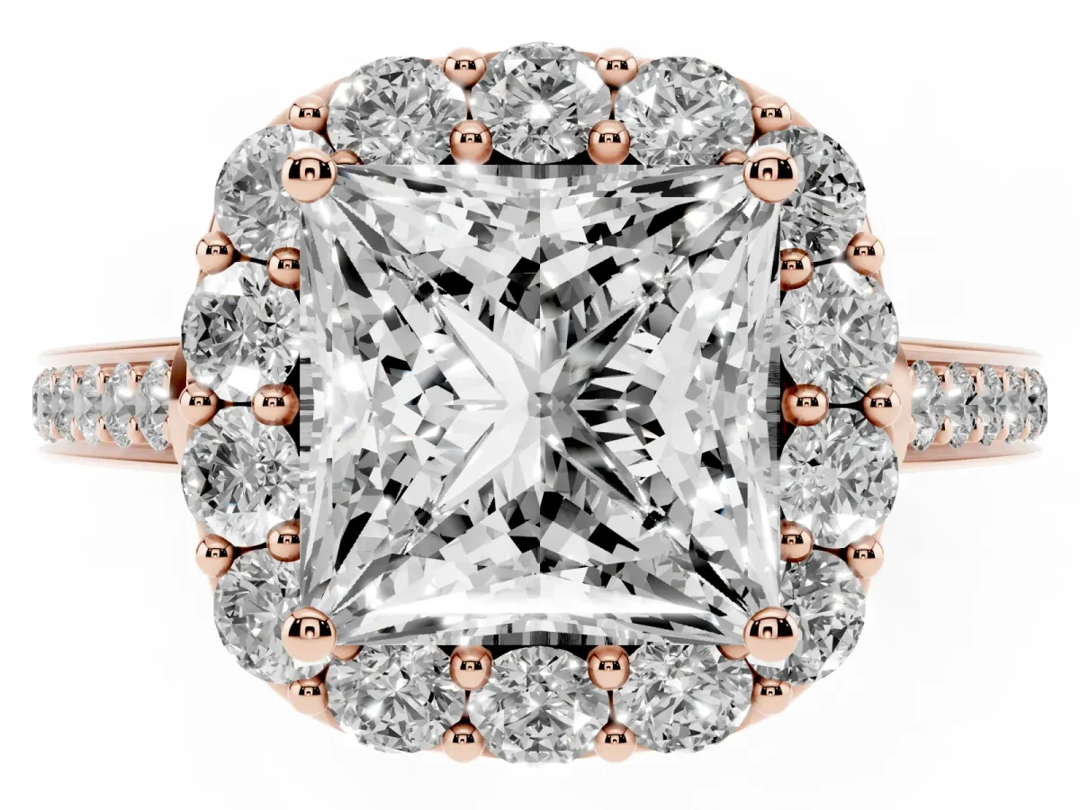 Princess Cut Diamond Floral Halo Ring with Pavé Band and Prong Setting Rose gold