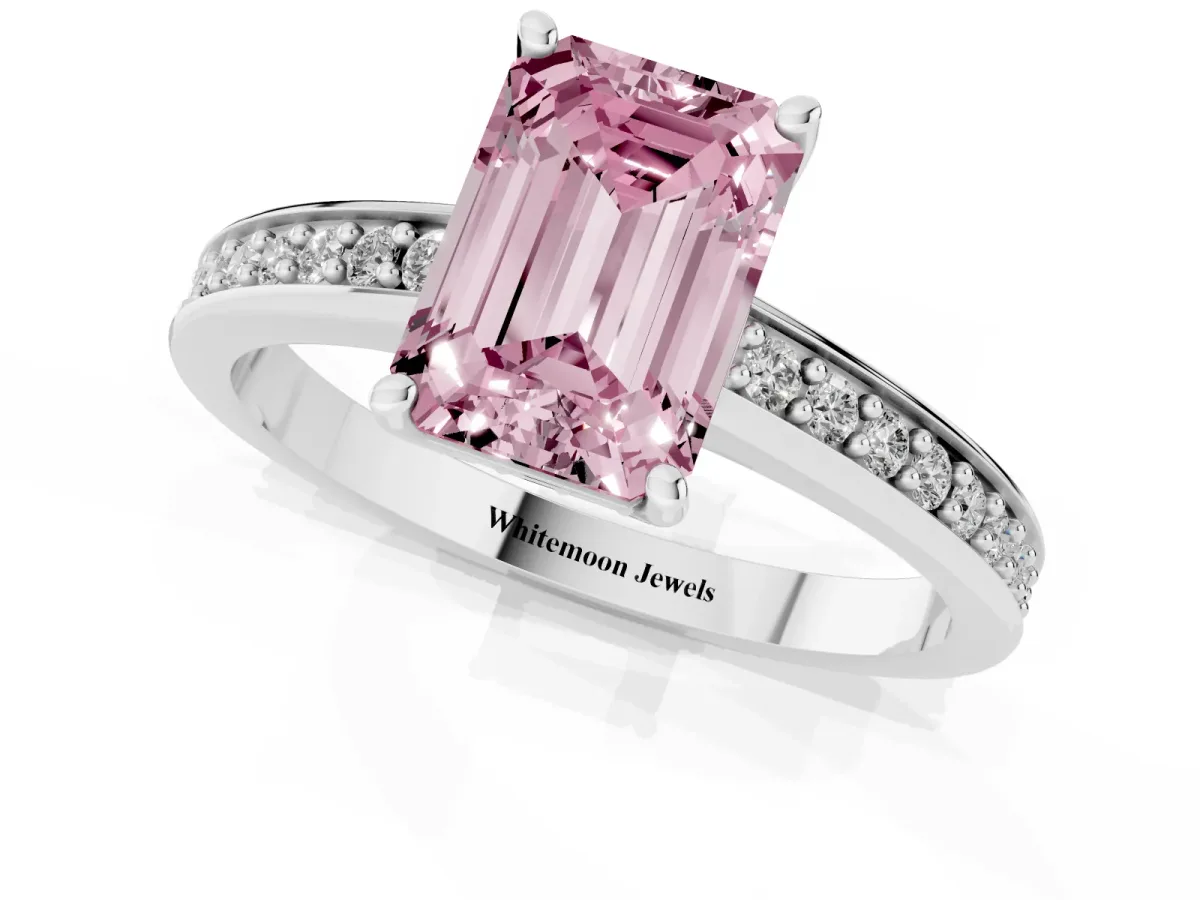 Fancy Pink Emerald Cut Solitaire Pavé Band Prong Setting Ring Silver