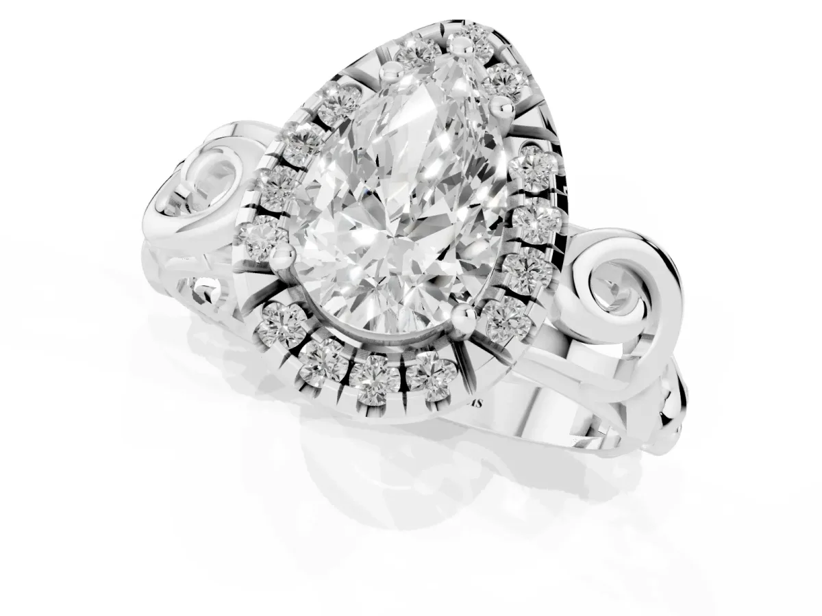 Pear Cut Cut Halo Diamond Ring with Scrollwork Band and Four-Prong Setting Silver