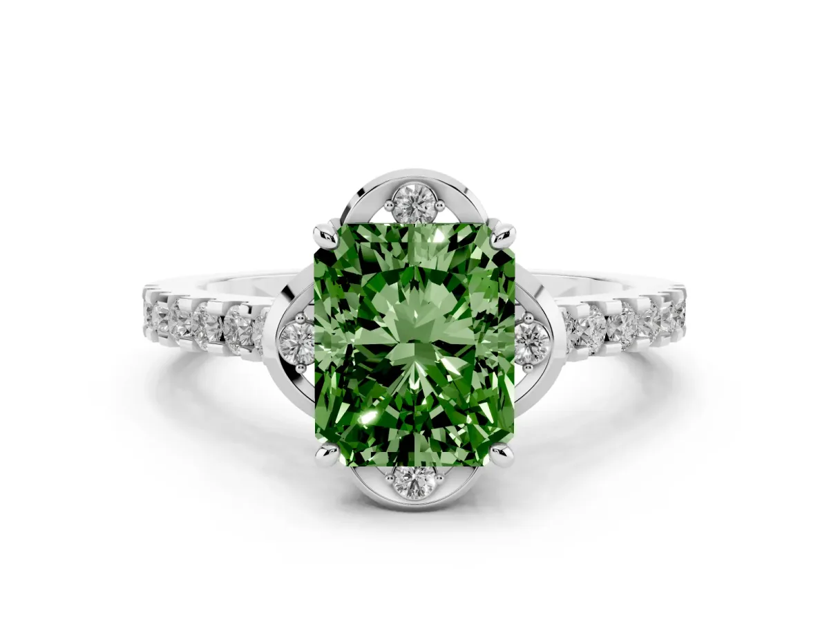 Fancy Green Radiant Cut Diamond Ring with Pavé Band and Floral Prong Setting Platinum