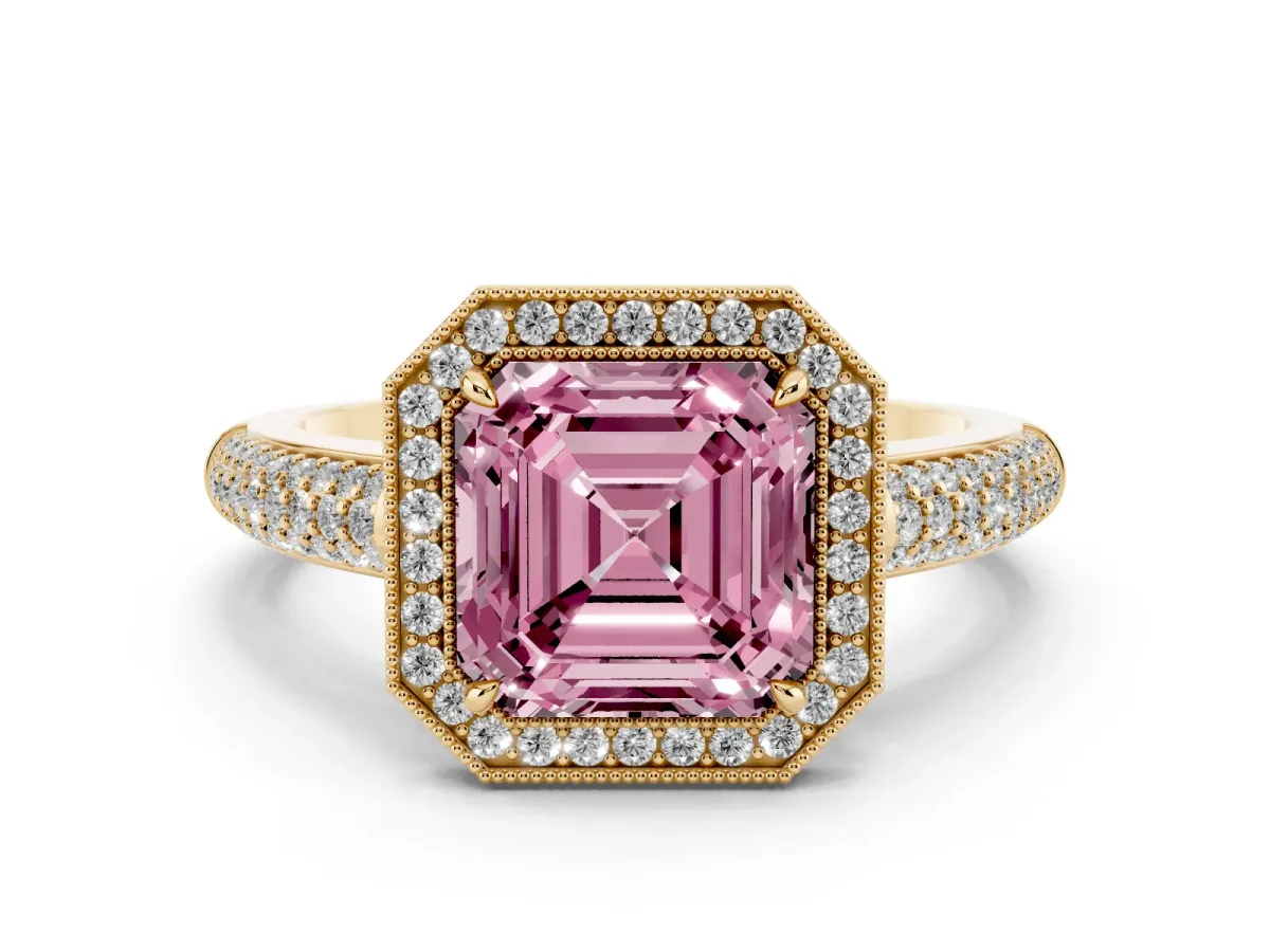 Fancy Pink Asscher Cut Cut Halo Diamond Pave Band with Four-Prong Setting Yellow gold