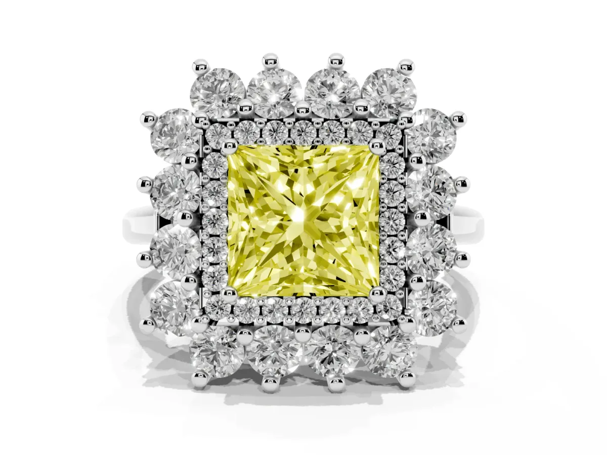 Fancy Yellow Princess Cut Diamond Floral Double Halo Engagement Ring with Prong Setting White gold