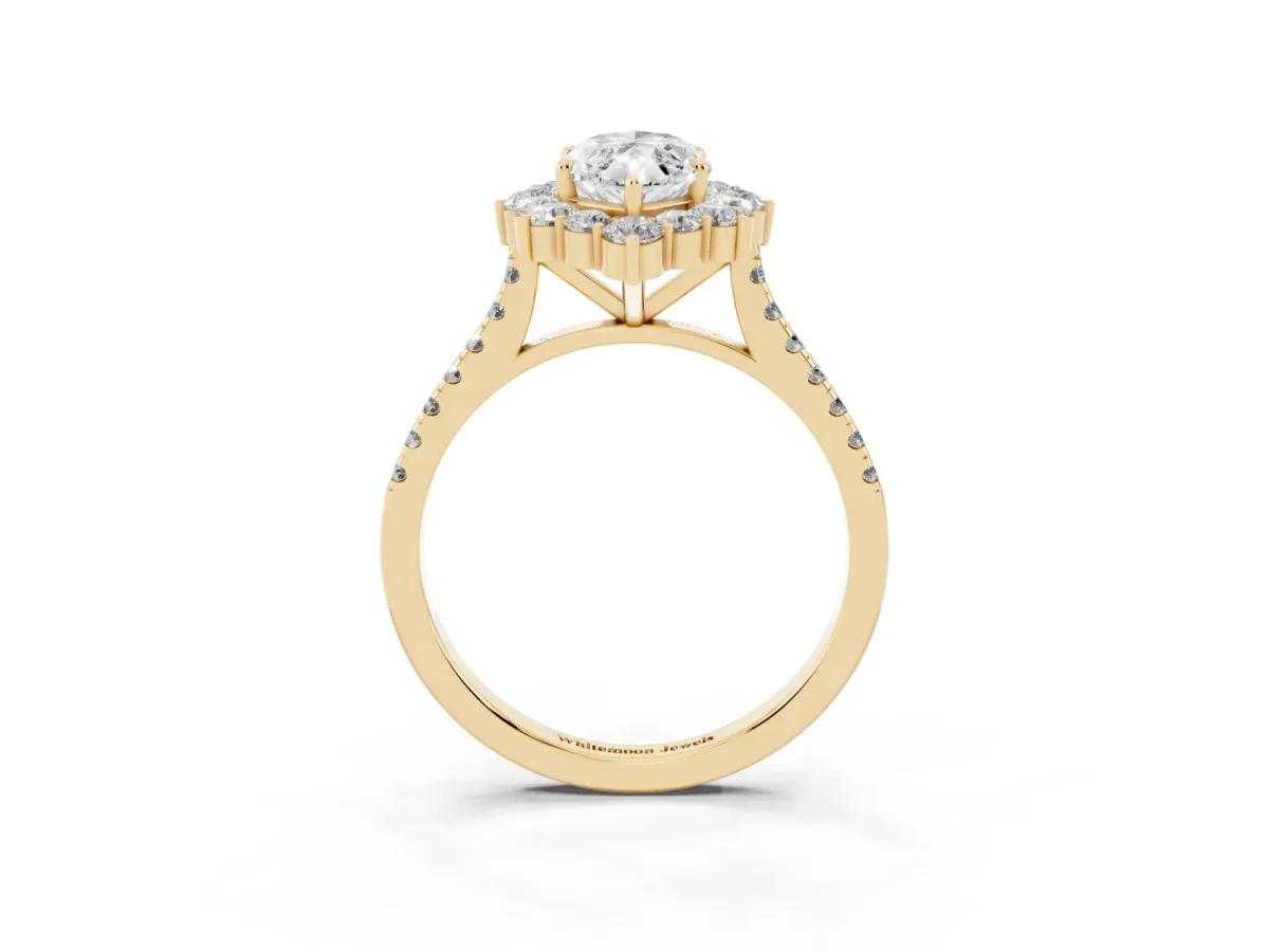 Marquise Cut Halo Diamond Ring with Pavé Band and Prong Setting Yellow gold