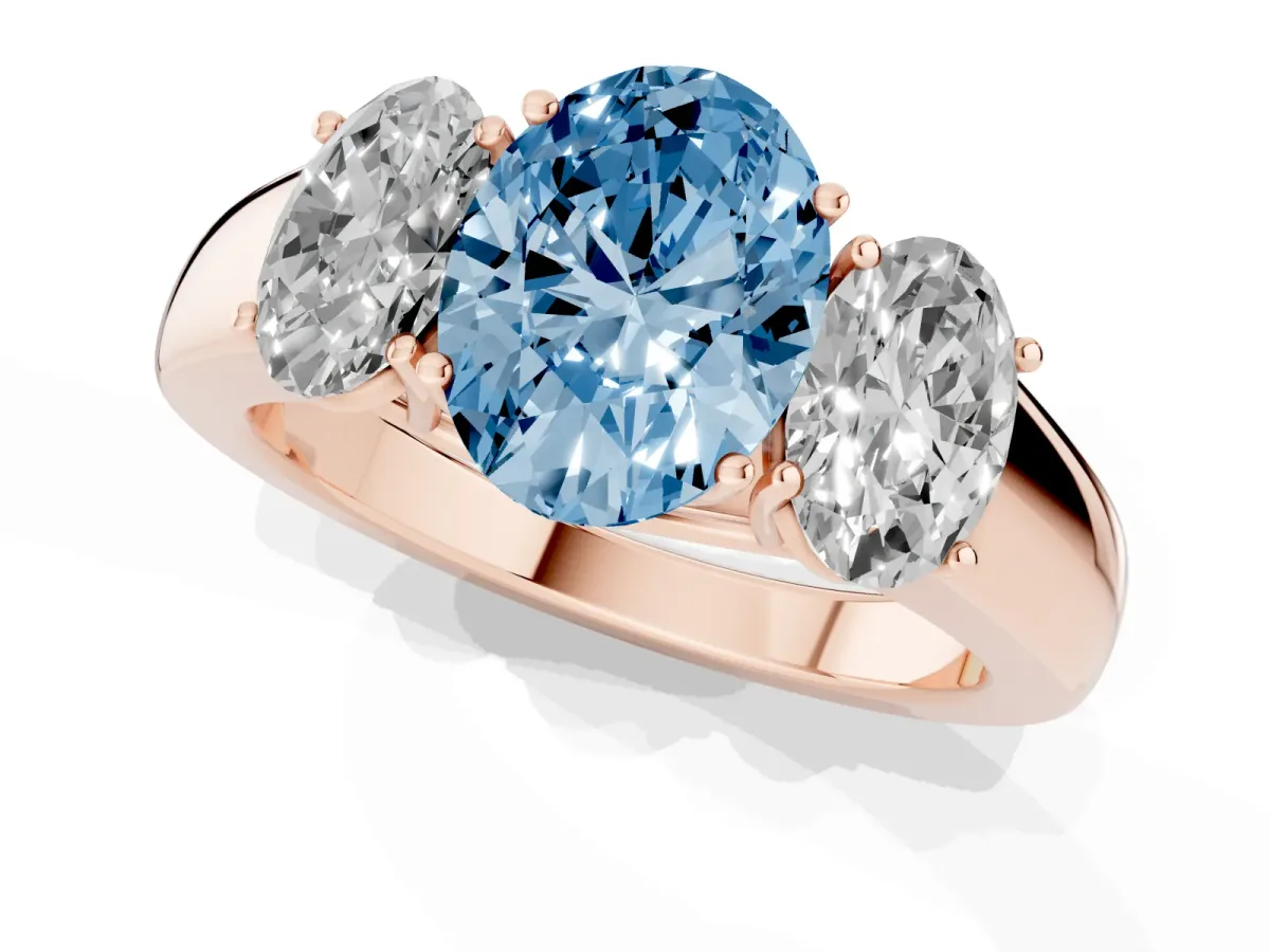 Fancy Blue Three-Stone Oval Cut Cut Diamond Ring with Prong Setting and Classic Band Rose gold