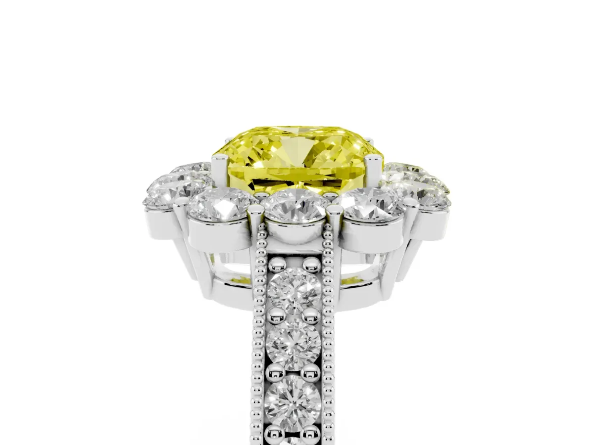 Fancy Yellow Cushion Cut Cut Halo Diamond Pavé Engagement Ring with Milgrain Detailing White gold