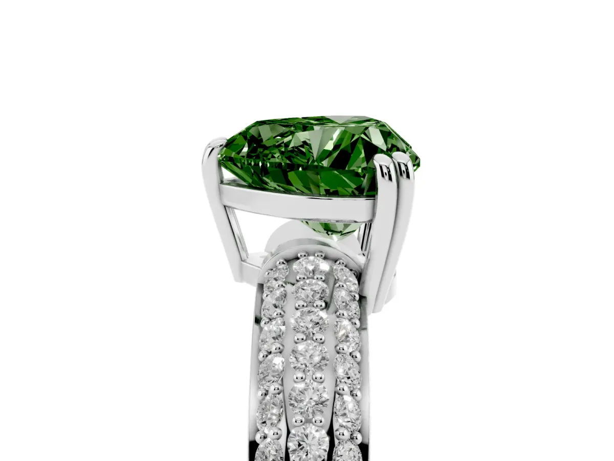 Fancy Green Heart Cut Diamond Solitaire Ring with Multi-Row Round Pavé Band and Prong Setting White gold