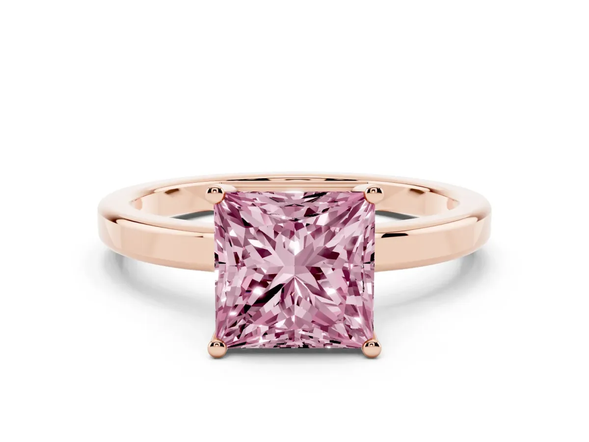 Fancy Pink Princess Cut Cut Solitaire Engagement Ring with Four-Prong Setting on a Classic Band Rose gold