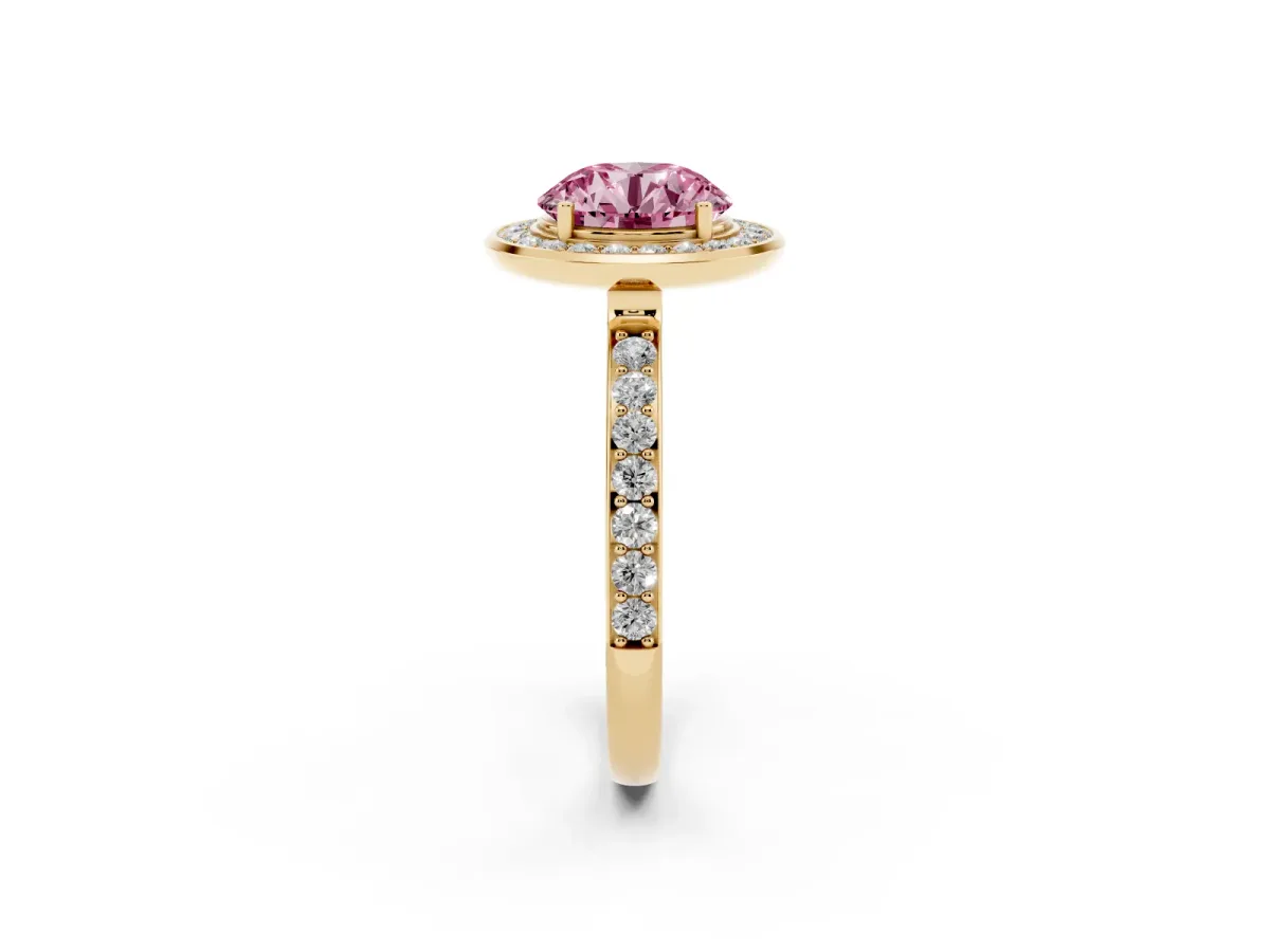 Fancy Pink Round Cut Diamond Halo Ring with Bezel Frame and Pavé Band Yellow gold