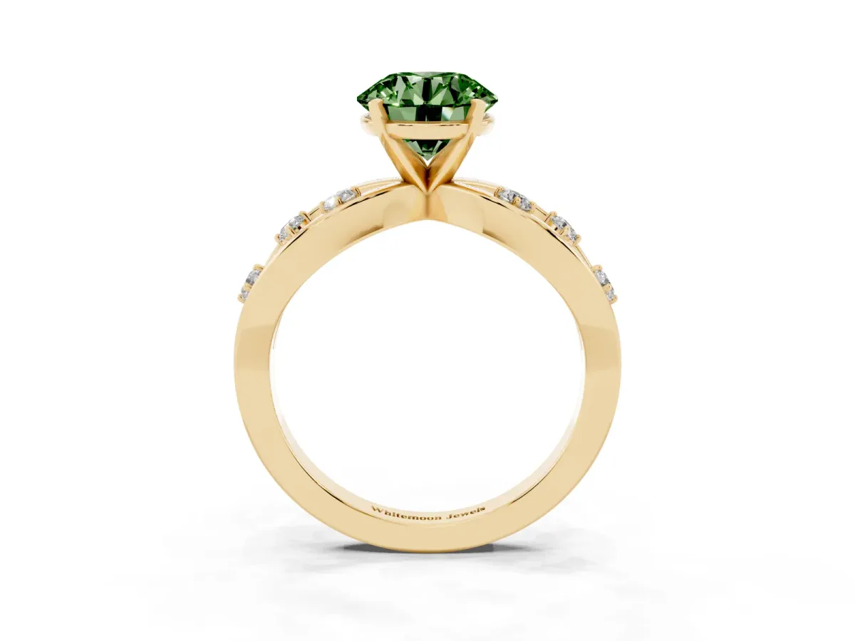 Fancy Green Round Cut Cut Solitaire Diamond with Side Stones on Criss-Cross Band and Four-Prong Setting Yellow gold