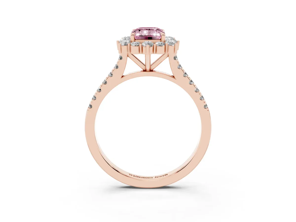 Fancy Pink Emerald Cut Halo Diamond Ring with Pavé Band and Prong Setting Rose gold