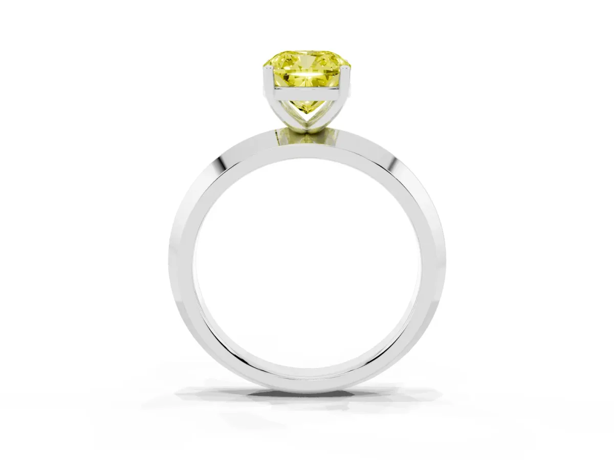 Fancy Yellow Cushion Cut Cut Solitaire Engagement Ring with Flat Band and Four-Prong Setting Platinum