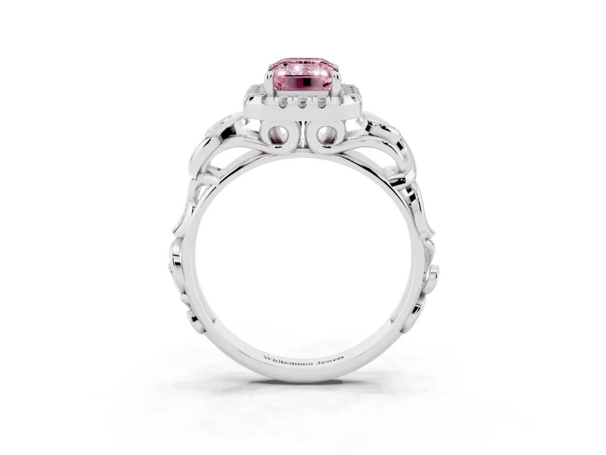 Fancy Pink Emerald Cut Cut Halo Diamond Ring with Scrollwork Band and Four-Prong Setting Silver