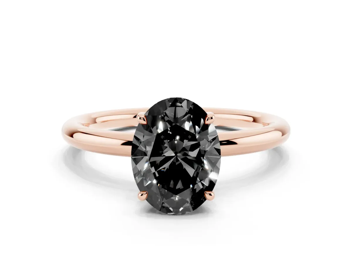 Fancy Black Oval Cut Diamond Solitaire Ring with Thin Band and Four-Prong Setting Rose gold