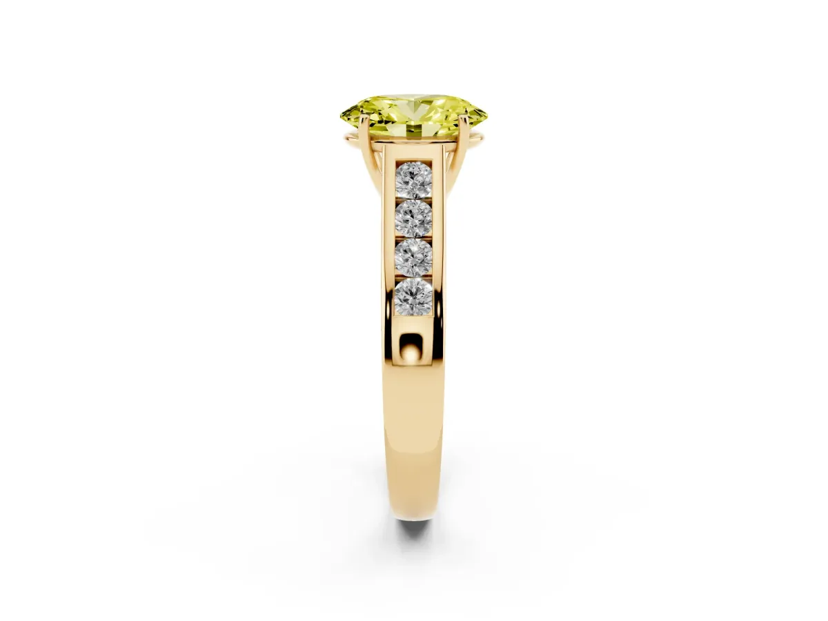 Fancy Yellow Oval Cut Brilliant Channel-Set Solitaire Ring with Four-Prong Setting Yellow gold