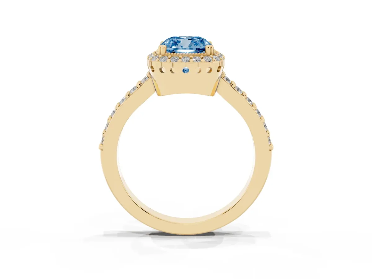 Fancy Blue Cushion Cut Cut Diamond Halo Engagement Ring with Milgrain Detail and Pavé Band Yellow gold