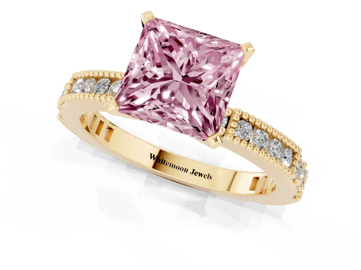 Fancy Pink Princess Cut Solitaire with Pavé Band and Four-Prong Setting Yellow gold