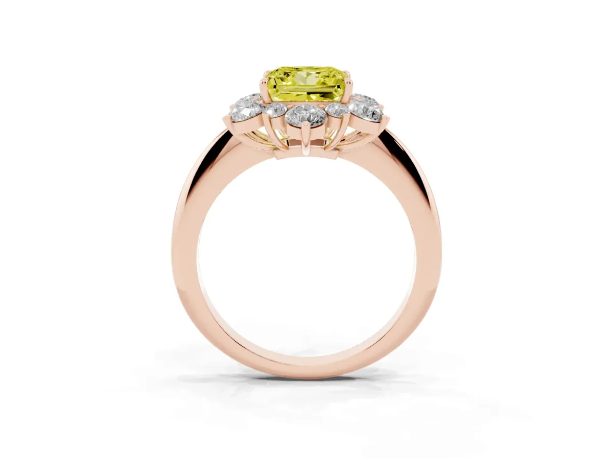 Fancy Yellow Princess Cut Diamond Cluster Halo Ring with Solitaire Band and Four-Prong Setting Rose gold