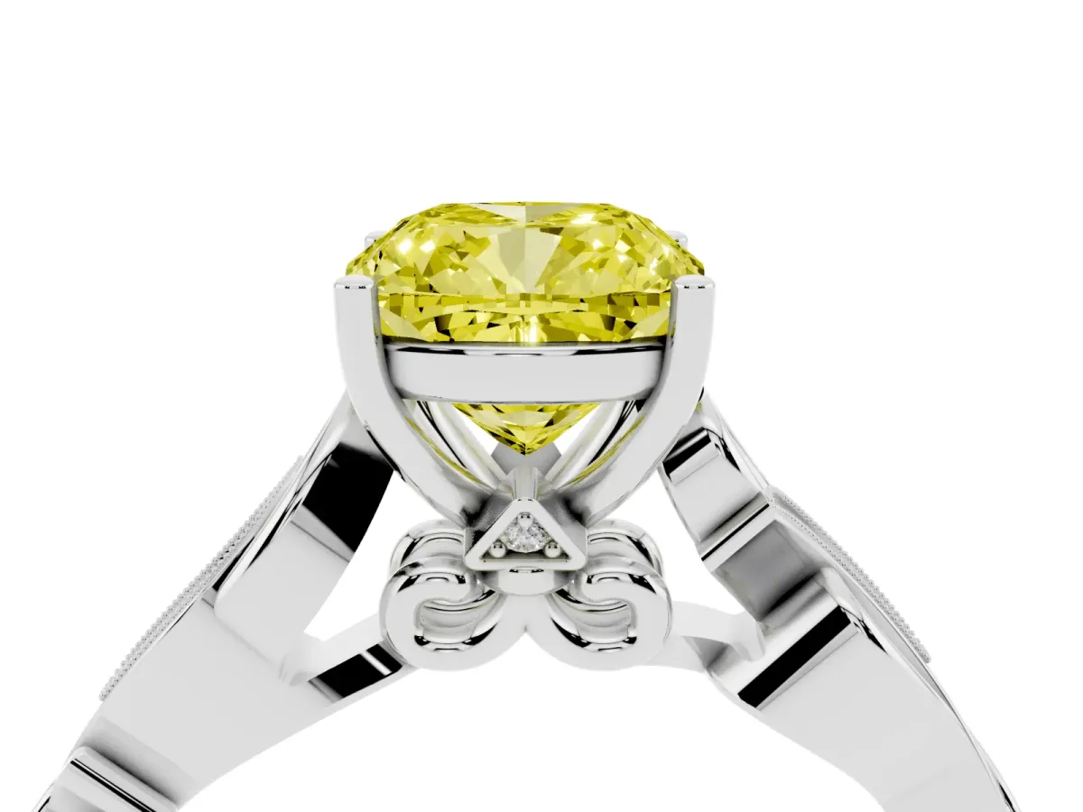 Fancy Yellow Cushion Cut Solitaire Vine Band with Milgrain Prong Setting Silver