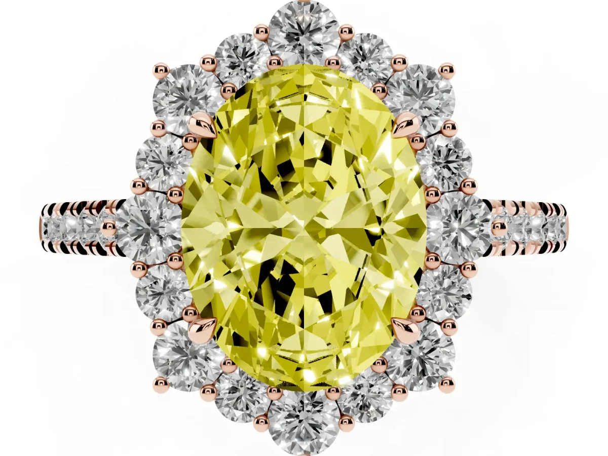 Fancy Yellow Oval Cut Halo Diamond Ring with Pavé Band and Prong Setting Rose gold