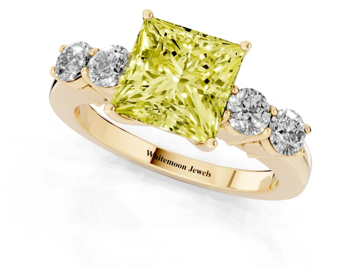 Fancy Yellow Princess Cut Cut Diamond Five-Stone Prong Set White Gold Ring Yellow gold