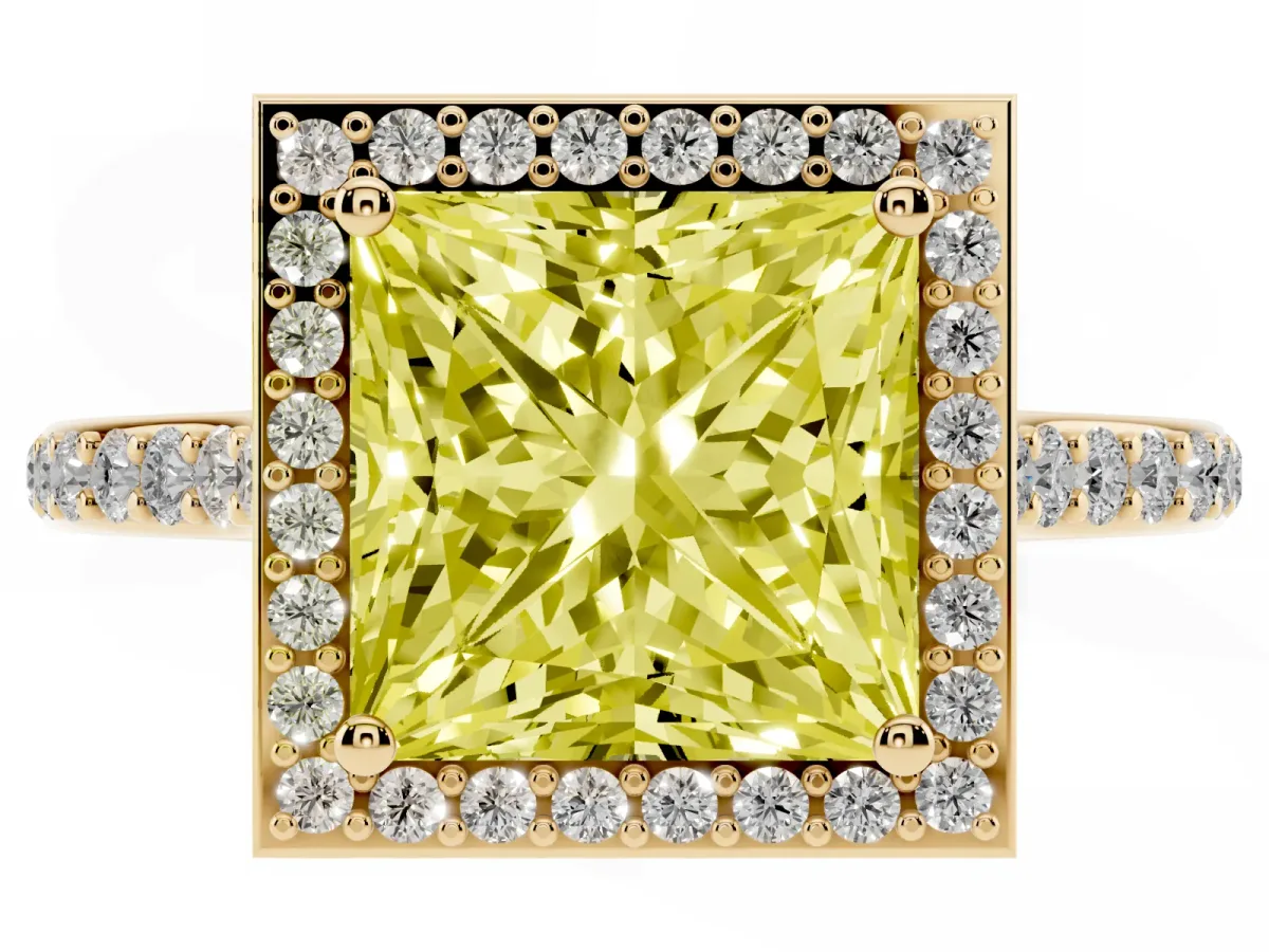Fancy Yellow Princess Cut Diamond Halo Engagement Ring with Round Pavé Shoulders and Prong Setting Yellow gold